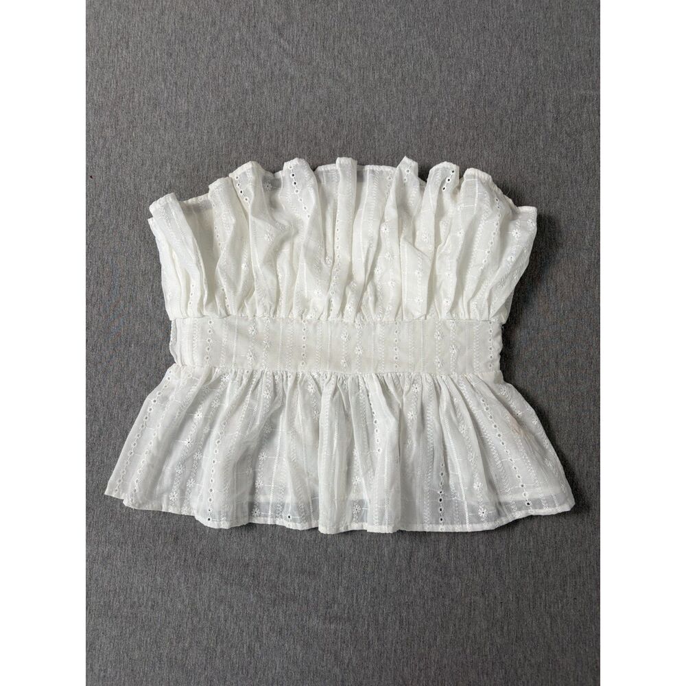 Thirty Thirty White Peplum Eyelet Embroidered Strapless Tube Top Smocked Small